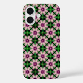 グリーンとピンクのミニ幾何学フラワー iPhone 16ケース