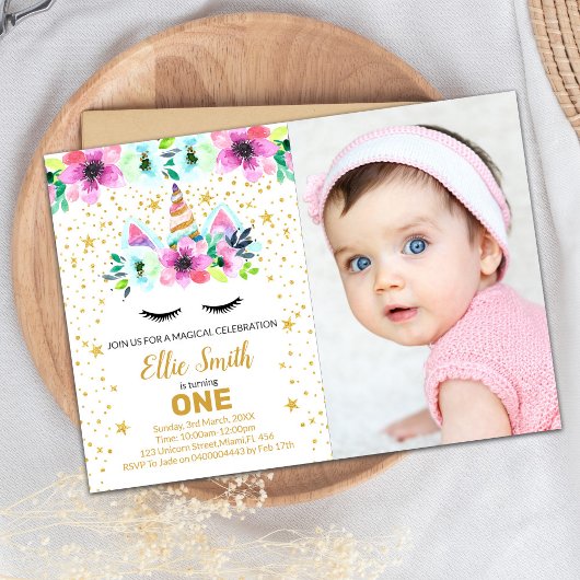 グリーンとピンクのユニコーン誕生日招待状とPh 招待状