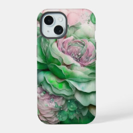 グリーンとピンクの巨大なバラ iPhone 15ケース