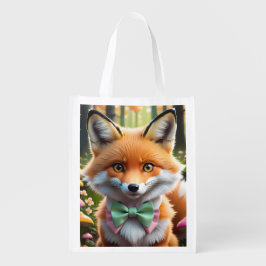 グリーンとピンクの弓を持つ可愛いキツネ エコバッグ