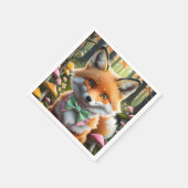 グリーンとピンクの弓を持つ可愛いキツネ スタンダードカクテルナプキン (角)