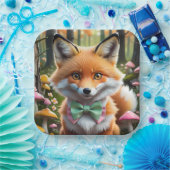 グリーンとピンクの弓を持つ可愛いキツネ ペーパープレート (パーティー)