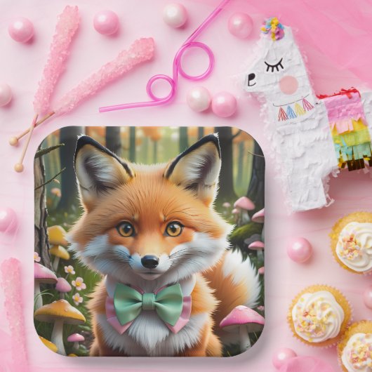 グリーンとピンクの弓を持つ可愛いキツネ ペーパープレート (パーティー)
