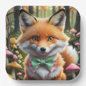 グリーンとピンクの弓を持つ可愛いキツネ ペーパープレート (正面)