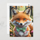 グリーンとピンクの弓を持つ可愛いキツネ ポストカード (正面/裏面)