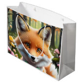 グリーンとピンクの弓を持つ可愛いキツネ ラージペーパーバッグ (裏面アングル)