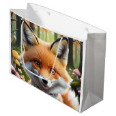 グリーンとピンクの弓を持つ可愛いキツネ ラージペーパーバッグ (正面アングル)