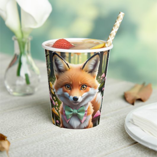 グリーンとピンクの弓を持つ可愛いキツネ 紙コップ (インサイチュ)