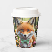 グリーンとピンクの弓を持つ可愛いキツネ 紙コップ (正面)