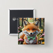 グリーンとピンクの弓を持つ可愛いキツネ 缶バッジ (正面&裏面)