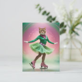 グリーンとピンクの愛らしい氷のスケートで滑る猫 ポストカード (スタンド正面)