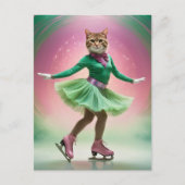 グリーンとピンクの愛らしい氷のスケートで滑る猫 ポストカード (正面)