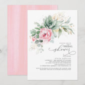 グリーンとピンクの花のブライダルシャワー 招待状 (正面/裏面)