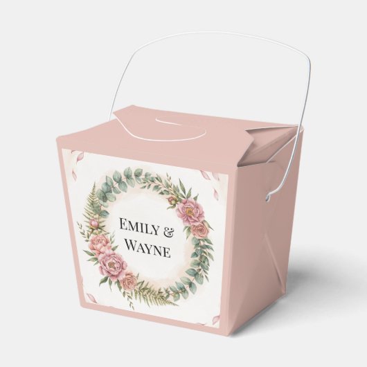グリーンとピンクの花のロマンティックな結婚式 フェイバーボックス (正面サイド)