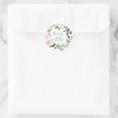 グリーンとピンクの花の水彩画 | サンキュー ラウンドシール (バッグ)