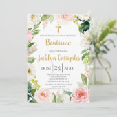 グリーンとピンクの花の洗礼招待状 招待状 (スタンド正面)