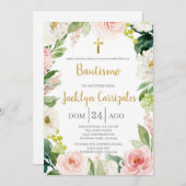 グリーンとピンクの花の洗礼招待状 招待状 (正面/裏面)