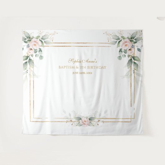 グリーンとピンクの花の装飾 Baptism 1歳の誕生日 タペストリー (正面(横))