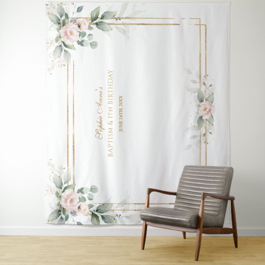 グリーンとピンクの花の装飾 Baptism 1歳の誕生日 タペストリー (インサイチュ)