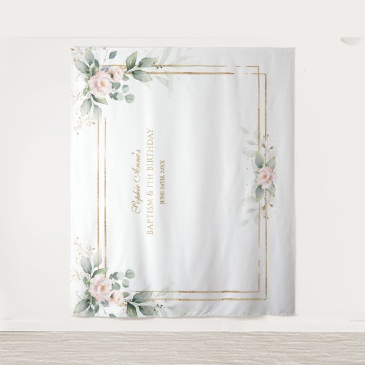 グリーンとピンクの花の装飾 Baptism 1歳の誕生日 タペストリー (正面)