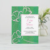 グリーンとピンクの花柄トロピカルテーマの結婚式 招待状 (スタンド正面)