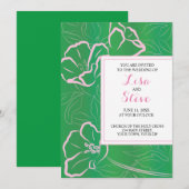 グリーンとピンクの花柄トロピカルテーマの結婚式 招待状 (正面/裏面)