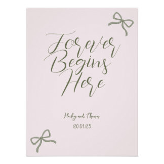 グリーンとピンクボウ結婚のサイン ポスター