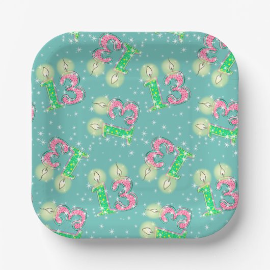 グリーンとピンク13誕生日 ペーパープレート (正面)