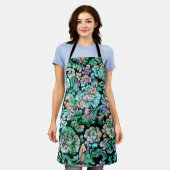 グリーンとピーチの花柄 エプロン (着用した状態)