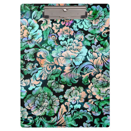 グリーンとピーチの花柄 クリップボード (正面)