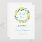 グリーンとブラウンのフローラリースブライダルシャワー サンキューカード (正面/裏面)