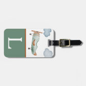 グリーンとブラウン飛行機カラーブロックキッドのイニシャル ラゲッジタグ (正面横)