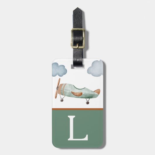 グリーンとブラウン飛行機カラーブロックキッドのイニシャル ラゲッジタグ (正面縦)