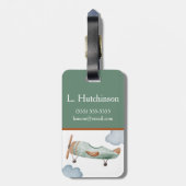 グリーンとブラウン飛行機カラーブロックキッドのイニシャル ラゲッジタグ (裏面縦)