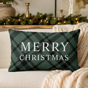 グリーンとブラックのタータン・プレードのクリスマス ランバークッション