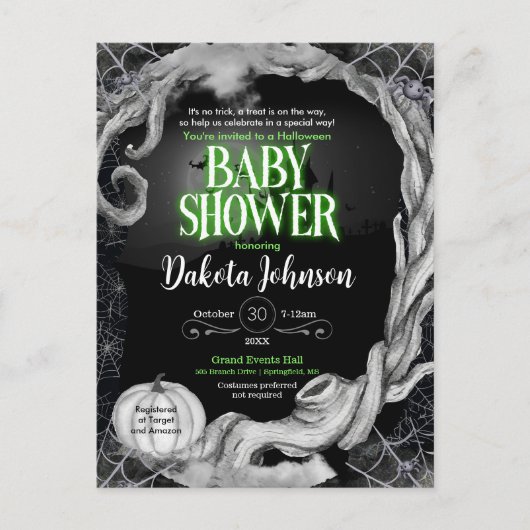 グリーンとブラックのハロウィーンベビーシャワー招待状 インビテーションポストカード (正面)