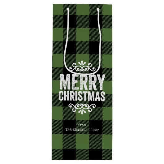 グリーンとブラックのバフロー チェックのルースチックなクリスマス ワインギフトバッグ (正面)