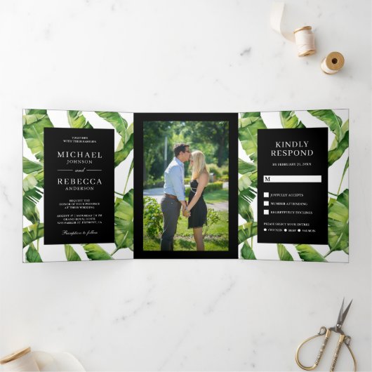 グリーンとブラックのバ離れナ・トロピカル結婚ズ 三つ折り招待状 (内部)