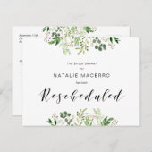 グリーンとブラックのモダンな結婚前パーティー延期のお知らせ ポストカード (正面/裏面)