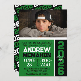 グリーンとブラックのモダン卒業写真 招待状