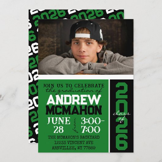 グリーンとブラックのモダン卒業写真 招待状