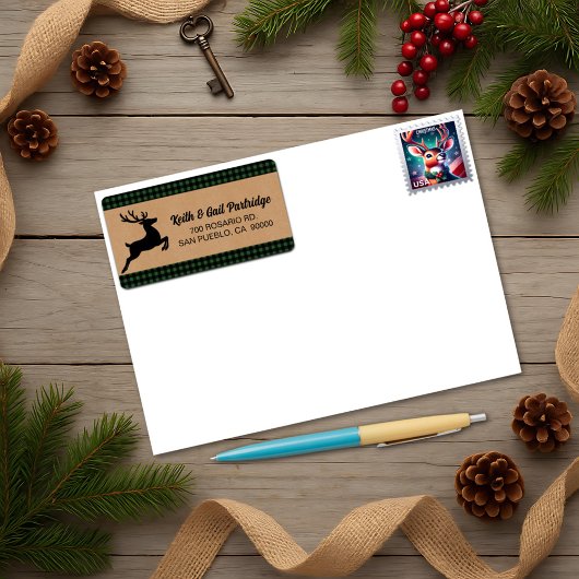 グリーンとブラックの格子模様トナカイのクリスマスカスタム ラベル