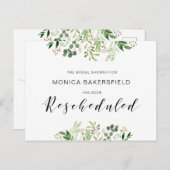 グリーンとブラックフォントのデザイン, ブライダルシャワーの日程変更のお知らせ ポストカード (正面/裏面)