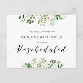 グリーンとブラックフォントのデザイン, ブライダルシャワーの日程変更のお知らせ ポストカード