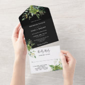 グリーンとブラック＆ホワイトのモノグラムウェディング オールインワン招待状 (貼ってはがせる)