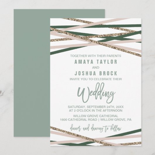 グリーンとブラッシュのストリーマー ウェディング 招待状 (正面/裏面)
