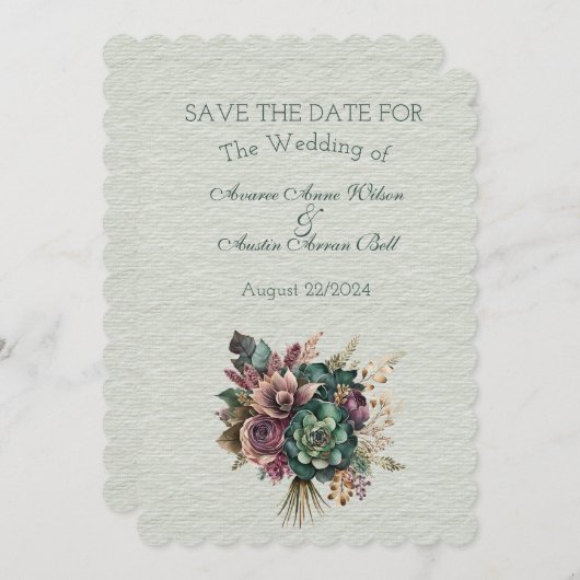 グリーンとブルゴーニュ結婚フローラの花束 セーブザデート (正面/裏面)