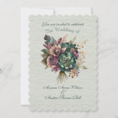 グリーンとブルゴーニュ結婚フローラの花束 招待状 (正面)