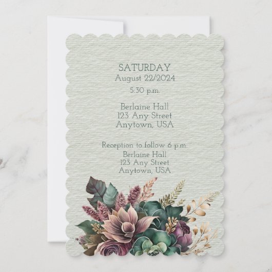 グリーンとブルゴーニュ結婚フローラの花束 招待状 (裏面)