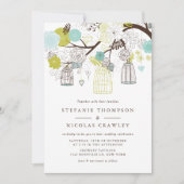 グリーンとブルーつるのバードケ結婚ージ 招待状 (正面)